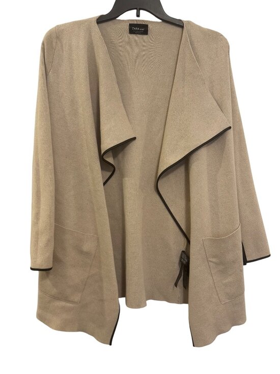 Zara Sweaters - Zara Knit Beige Open Front Cardigan With Pockets & Black Trim